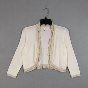 Knitted & Knotted Cardigan Womens Small White Ruffle Trim Open Front Sweater